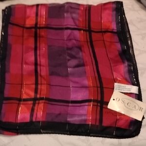 Oscar de la Renta Red Black Purple Gold Thread Plaid Silk Scarf NWT